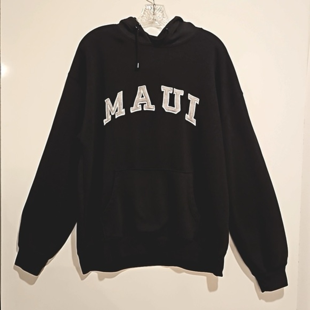 MAUI Hawai'i black long sleeve hoodie sweatshirt kangaroo pocket sz M grey1